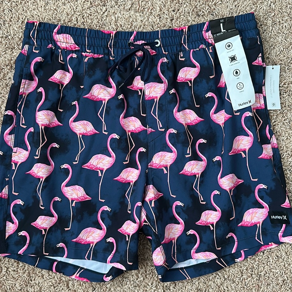 Hurley Flamingo Print Swim Trunks - Navy and Pink